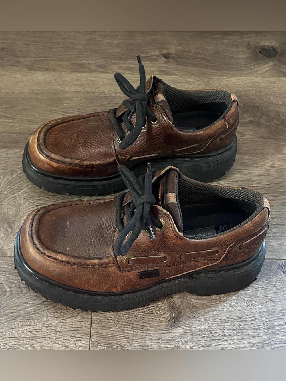 DR MARTENS women's vintage brown leather chunky moc-toe platform boat shoes, 6US